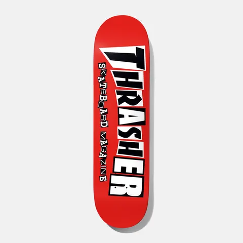 Baker Tyson Thrasher Red 8.25 skateboard deck: The Thrasher Skateboard Magazine logo in black and white block lettering on a solid red deck, with Skateboard Magazine in smaller letters beside the large Thrasher name.