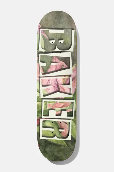 Baker Tyson Watercolor 8.5 skateboard deck: Large cream outlined Baker block lettering stacked down the board over a watercolour painting of pink lilies and green leaves on a murky olive background.