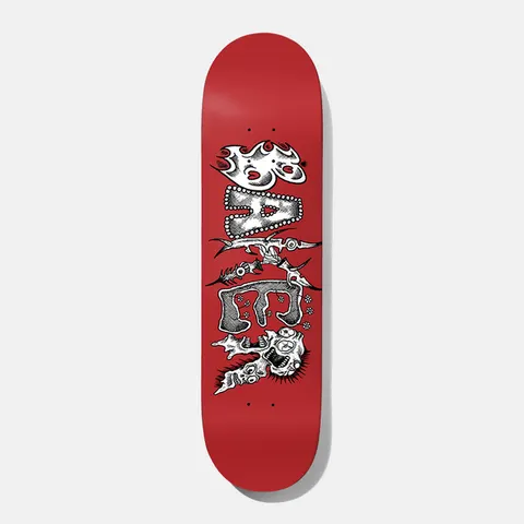 Baker ZA Manic Red 8.5 skateboard deck: Baker spelt in distorted, gnarly black and white illustrated letters with spikes, studs, a flaming A and a screaming skull at the end of the R, on a red deck.