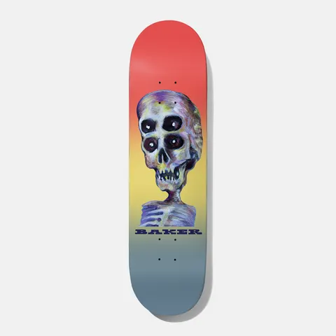 Baker Zach 4eyez 8.0 skateboard deck: Painterly four-eyed skull and ribcage in purple and cream, set on a red-to-yellow-to-grey-blue gradient, with the Baker name in dark blue serif capitals below.