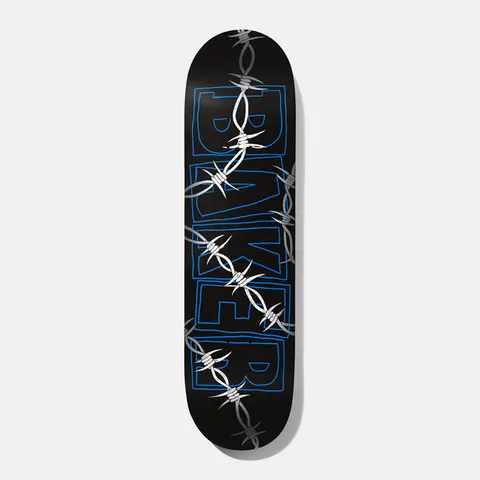 Baker Zach Barbed Wire 8.125 skateboard deck: Black deck with the Baker logo as hand-drawn blue outlined block letters, wrapped by strands of silver and grey barbed wire running diagonally down the deck.