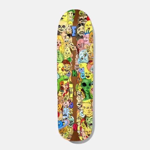 Baker Zach Big Bodies Shaped 8.75 skateboard deck: Crowd of hand-drawn cartoon faces, including skulls, aliens, monsters, smileys and a ringed planet, packed on either side of a brown wood strip, with the letters B A K E R running down the middle.