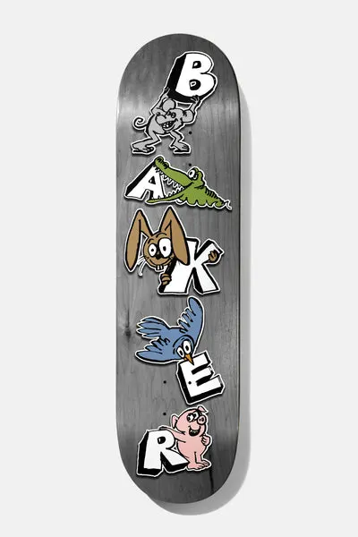 Baker Zach Calamities 8.5 skateboard deck: The letters B, A, K, E, R stacked down a grey wood-stain board, each paired with a cartoon animal: a mouse, a crocodile, a rabbit, a bluebird and a pink pig.