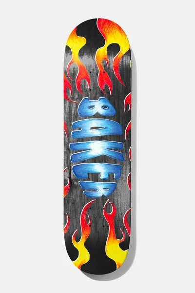 Baker Zach Flames 8.5 skateboard deck: Blue hand-painted BAKER lettering arched across the centre of a black deck, surrounded by red and yellow painted flames.
