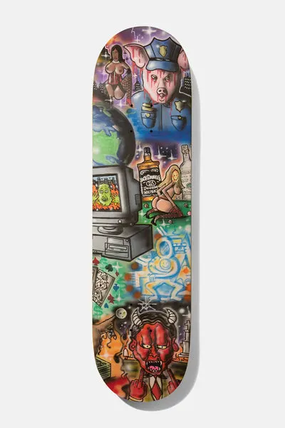 Baker Zach Hummus 8.38 skateboard deck: An airbrushed collage of a pig in police uniform, a vintage computer, a globe, a bottle of Jack Daniel's whiskey, glamour models, a red devil in a tie, playing cards and money, in graffiti style.
