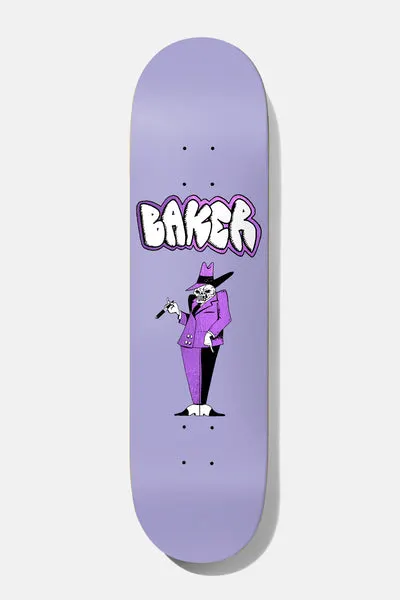 Baker Zach Pimpimpin 8.5 skateboard deck: A skeleton-faced pimp figure in a purple suit and wide-brimmed hat holds a cigar, drawn in a flat cartoon style on a lilac deck, with a bubbly graffiti-style Baker logo above.