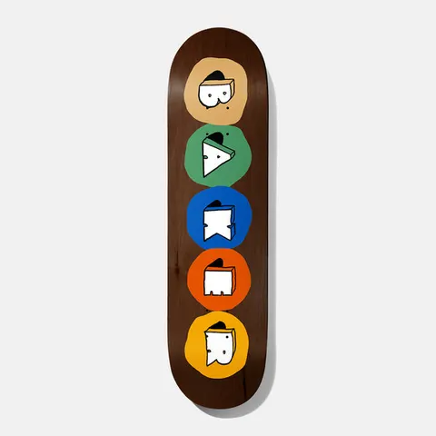 Baker Zach Subway 8.25 skateboard deck: Baker spelled out in five blocky letters with little faces, each in a coloured blob stacked down a brown wood-stained deck: tan, green, blue, orange and yellow.