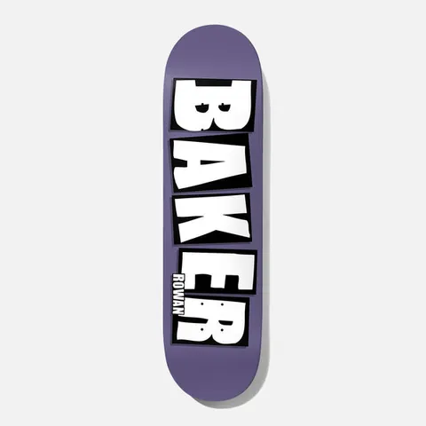 Baker Zorilla Brand Name Purple B2 8.0 skateboard deck: The Baker logo in large white block letters on black tiles, stacked vertically down a flat purple deck, with a small Rowan name beside the last letters.