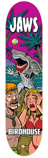 Birdhouse Aaron Jaws Homoki Mexipulp 8.38 skateboard deck: Pulp horror comic scene on a beach: a grey shark monster rears up behind a screaming blonde woman in a red bikini and a moustached man, under palm trees and a purple sky. Large JAWS lettering at the top.