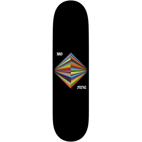 Birdhouse Aaron Jaws Homoki STRFKR 8.125 skateboard deck: Black deck with a diamond-shaped burst of multicoloured converging stripes in the centre, with small white band-style lettering at either side.