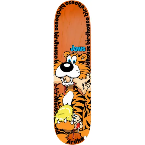 Birdhouse Aaron Jaws Homoki Tiger 8.25 skateboard deck: Cartoon tiger with bulging eyes and bloodied fangs, clutching a screaming blond child, on an orange deck. 'Jaws' appears in a blue speech tag and the Birdhouse name loops around the edge.