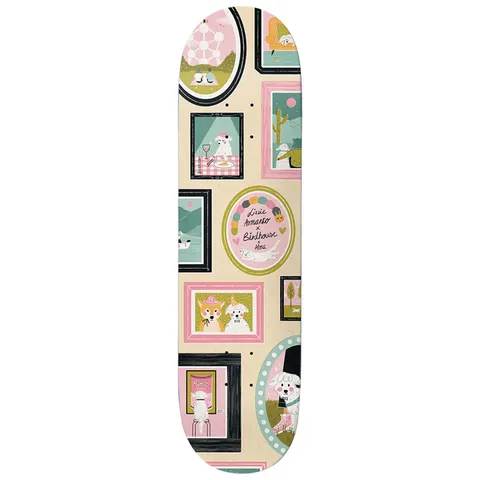 Birdhouse Armanto Alma 8.25 skateboard deck: A gallery wall of framed illustrations of a fluffy white dog in different settings, including dining at a table, in a desert, and wearing a hat, with a central oval frame reading 'Lizzie Armanto x Birdhouse x Alma' on a cream board.
