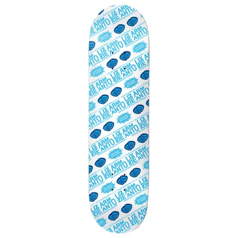 Birdhouse Armanto Blue Razz 8.25 skateboard deck: Repeating pattern of blue raspberry sweets, 'EXPLOSION OF FLAVOR' bursts and stacked 'LIZZIE ARMANTO' text in blue on white, styled like sweet wrapper packaging.