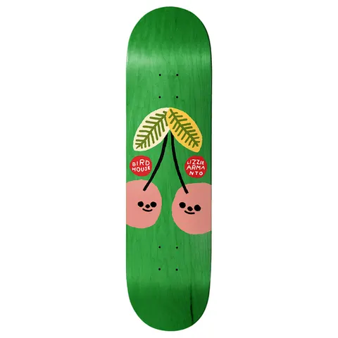 Birdhouse Armanto Cherrypicked 8.0 skateboard deck: Green deck with a simple naive drawing of two smiling pink cherries on black stems with yellow and olive leaves, and two red circular labels reading Birdhouse and Lizzie Armanto.