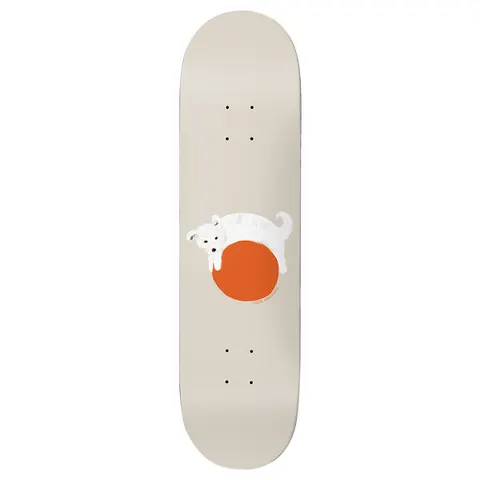 Birdhouse Armanto Dog 8.25 skateboard deck: Small white fluffy dog lying across a large orange circle on a plain beige deck, with a tiny signature beside the circle.