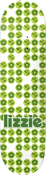 Birdhouse Armanto Floral Green 8.25 skateboard deck: Repeating retro pattern of green circles containing flowers and sprouting plants on a white deck, with rounded green lettering of the rider's first name at the bottom.