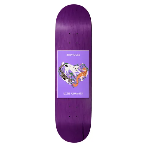 Birdhouse Armanto Friends 8.25 skateboard deck: Illustrated heart made of a dog and two cats curled together among flowers, in a lilac panel on a purple stained deck. Brand name above and rider name below the panel.