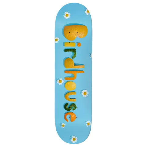 Birdhouse Armanto Fruits 8.25 skateboard deck: Light blue deck with the Birdhouse logo spelled out in real citrus peel, orange, lemon and lime, scattered with small white daisies. Photographic still-life style.