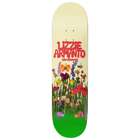 Birdhouse Armanto In Bloom 8.0 skateboard deck: A cluster of colourful wildflowers with a butterfly, bee, purple spider and striped caterpillar grows from a green grassy base on a cream deck, under red bubble lettering of the rider's name and a small Birdhouse logo.