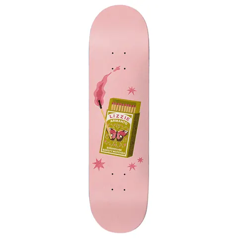 Birdhouse Armanto Matches 8.0 skateboard deck: An olive-green matchbook decorated with a red butterfly and the words 'Lizzie Armanto Birdhouse Safety Matches', beside a lit pink match with a curl of smoke and pink star shapes, on a pale pink board.