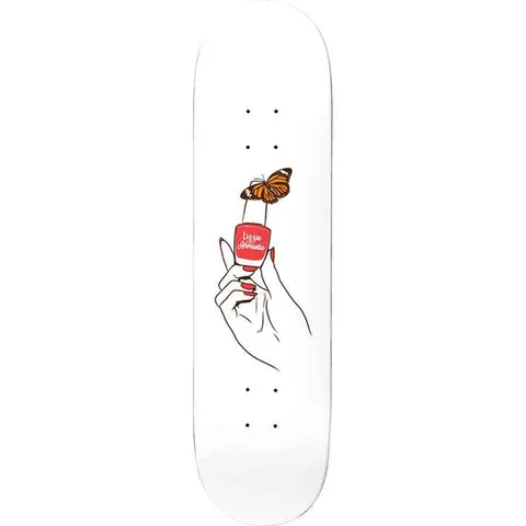 Birdhouse Armanto Nails 8.0 skateboard deck: Line-drawn hand with red nails holding a red nail polish bottle carrying the rider's name, with an orange monarch butterfly perched on the brush. Centred on a plain white deck.