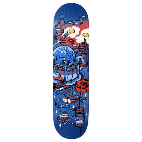 Birdhouse Armanto Octopus 8.5 skateboard deck: Blue octopus in a cup with ribbons and tentacles, fried eggs with a fork, a red rose in a firecracker and falling drops, in red, white and blue tones. Rider name on a banner.