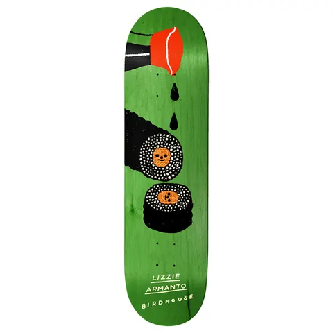 Birdhouse Armanto Soy Sauce 8.25 skateboard deck: Naive drawing of soy sauce pouring from a red-topped bottle onto sushi rolls with smiling orange faces, on a green stained deck. Lizzie Armanto and Birdhouse text at the tail.