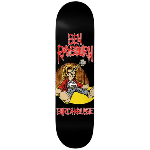 Birdhouse Ben Raybourn Pinhead 8.38 skateboard deck: Black deck with red metal-style lettering above a cartoon of a stitched, plush-toy-like boy with glasses slumped in a yellow beanbag with a nail through his head. Birdhouse in red at the bottom.