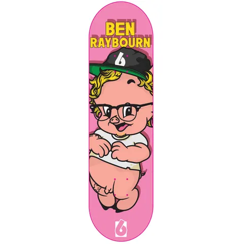 Birdhouse Ben Raybourne Porky 8.5 skateboard deck: A cartoon baby pig in glasses, a white T-shirt and a black cap, with blonde curly hair, on a pink deck, with the rider's name in yellow capitals at the top and a Birdhouse logo at the tail.