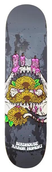 Birdhouse Aaron Jaws Homoki Shrine skateboard deck: Shrine of yellow sunflowers and skulls laid in a pair of open jaws, topped with pink dripping candles, on a grey splattered background. Birdhouse and the rider's name in cream lettering below.