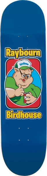 Birdhouse Ben Raybourn Old School skateboard deck: Cartoon pig in a green shirt and cap giving a thumbs-up while holding a can, framed in a rounded red-bordered panel on a blue deck. Yellow lettering above and below.