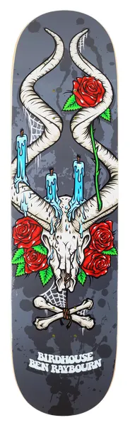 Birdhouse Ben Raybourn Shrine skateboard deck: Horned animal skull with three dripping blue candles, red roses and crossed bones tied with string, with cobwebs, on a mottled grey background. Birdhouse and rider name at the bottom.