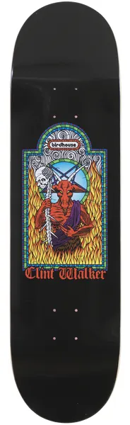 Birdhouse Clint Walker Evil skateboard deck: Stained-glass-style window showing a red horned devil holding a skull-topped staff amid flames, on a black deck. Birdhouse logo at the top of the arch and rider name in red gothic lettering below.