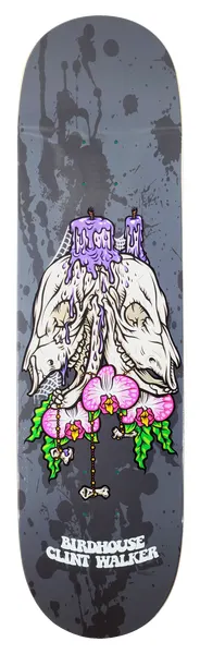 Birdhouse Clint Walker Shrine skateboard deck: Two animal skulls with purple melting candles on top, covered in cobwebs and pink orchids, with a dangling bone rosary, on a grey splattered deck. Brand and rider name at the bottom.