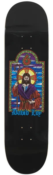 Birdhouse David Loy Good skateboard deck: Stained-glass window style image of a robed shepherd figure with a halo and crook against a blue sky, under an arch with a number six. Rider name in blue gothic lettering, on black.