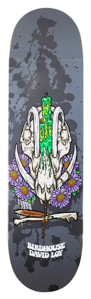 Birdhouse David Loy Shrine skateboard deck: An animal skull wearing a dripping green candle on its head, ringed with purple daisies, bones and a feather, set on a grey background with large black paint splatters.