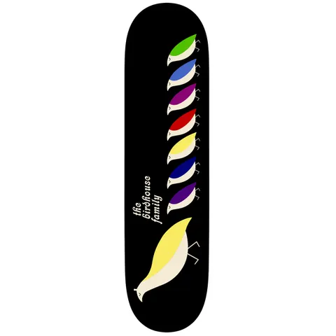 Birdhouse Family 8.0 skateboard deck: Seven small stylised birds in green, blue, purple, red, yellow, navy and violet follow a larger pale yellow bird in a line up a black deck, with the words the birdhouse family set sideways beside them.