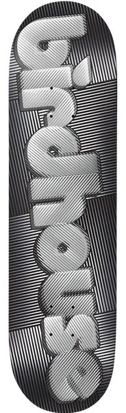 Birdhouse Blur 8.0 (Chrome Foil) skateboard deck: Chunky lower-case 'birdhouse' lettering in white and silver, with a 3D bubble look, over a chrome foil background of fine diagonal and crossed line texture.