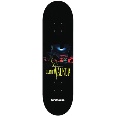 Birdhouse Clint Walker Sleepwalker 8.5 skateboard deck: A horror-film-poster style panel in the middle of a black deck: a full moon, a dark red sky, a lit house and clawed shapes. Yellow claw-scratch lettering spells the rider's name, with a small Birdhouse logo at the tail.