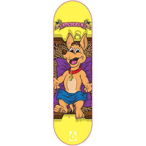 Birdhouse Clint Walker Sweet Prince 8.38 skateboard deck: A cartoon dog-like kangaroo dressed as the infant Jesus lies on a purple cushion in a hay-filled manger, wearing a red collar with a cross and a blue loincloth. A halo hovers above, and cherubs hold a pink banner reading 'Walker'. The yellow deck has a small logo at the tail.