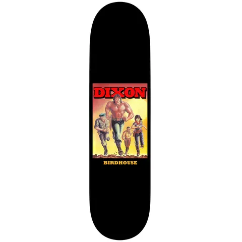 Birdhouse Clive Dixon Bo 8.25 skateboard deck: Black deck with a central panel imitating a retro action paperback cover: four illustrated figures running forward, a muscular shirtless man at the front, under a red Dixon title. Birdhouse in yellow beneath.