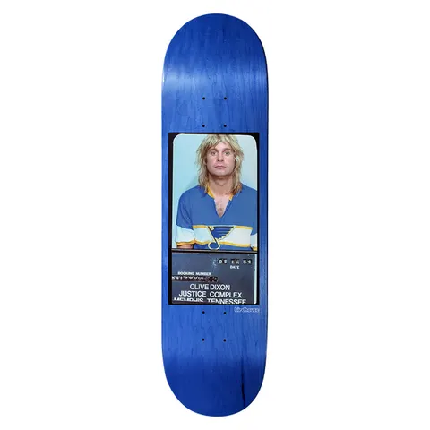Birdhouse Clive Dixon Mugshot 8.5 skateboard deck: Photographic mugshot of a long-haired blond man in a blue and white hockey-style jersey, with a booking board reading Memphis, Tennessee, set on a blue-stained deck. Small Birdhouse logo beside it.