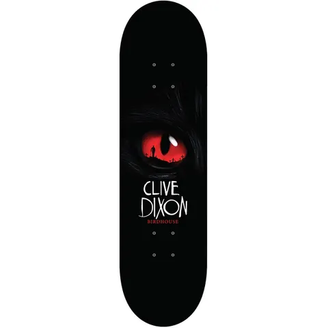 Birdhouse Clive Dixon Semetary 8.38 skateboard deck: Black deck with a close-up of a glowing red cat's eye in which a small silhouetted figure stands among crosses on a hill. Clive Dixon in white thin lettering with Birdhouse in red beneath.
