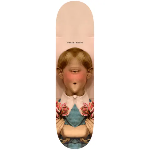 Birdhouse David Loy Beautiful Mutants 8.0 skateboard deck: Tinted vintage-style photo of a fair-haired boy in a blue knitted jumper and white collar, with a single central eye, no nose and a small round mouth, holding roses. Small typewriter text above on a pale pink ground.