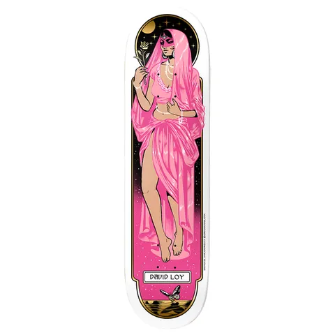 Birdhouse David Loy Divine Aura 8.5 skateboard deck: A veiled woman in flowing pink drapery holds a rose within an ornate black and gold arched frame set with stars and a moon, with a butterfly at the foot. The name sits in a plaque on a white deck.