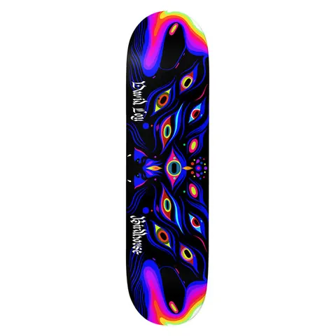 Birdhouse David Loy Entities 8.475 skateboard deck: Symmetrical psychedelic pattern of many eyes and flowing wavy lines in neon blue, orange and green on black, with rainbow gradient swirls at nose and tail. Rider name and Birdhouse in white gothic lettering.