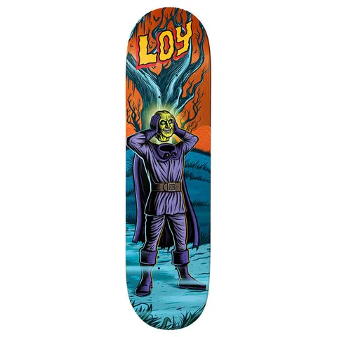 Birdhouse David Loy Graveyard 8.125 skateboard deck: Horror-comic illustration of a green-faced man in purple tunic and cape clutching his head in front of a gnarled glowing tree, in an orange and blue night landscape. Loy in yellow dripping lettering at the top.