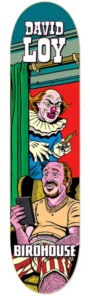 Birdhouse David Loy Mexipulp 8.25 skateboard deck: Pulp-comic style scene of a man in a yellow jumper and striped shorts on a train seat, looking at a phone while a creepy clown with a syringe peers round the curtain behind him.