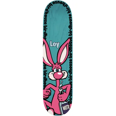 Birdhouse David Loy Rabbit 8.125 skateboard deck: Teal deck with a grinning pink cartoon rabbit holding a bottle labelled WOTR, with Loy on its ear. The word birdhouse repeats around the edge of the deck in dark lettering.