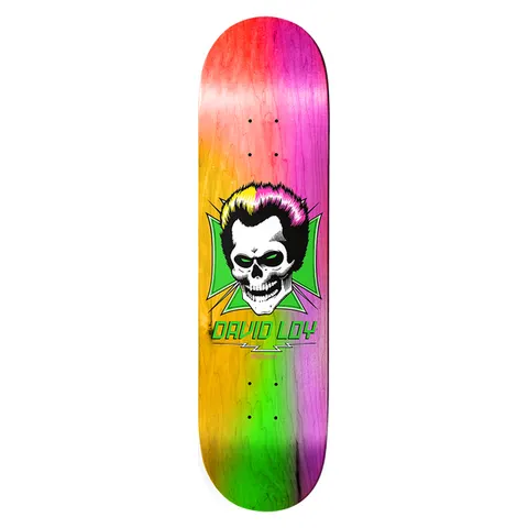 Birdhouse David Loy Skull Rainbow 8.38 skateboard deck: Skull with a quiff of black, pink and yellow hair set on a green iron cross, with the rider name in green below, on a rainbow-stained deck fading from red through orange, green and purple.